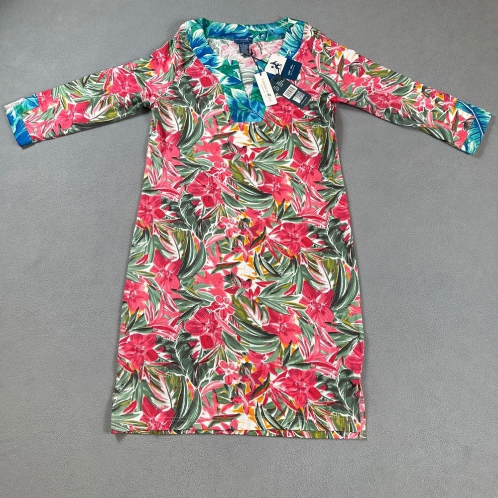 Caribbean Joe Women Small Tropical Floral UPF 50+ Swim Cover Up Dress Pink Green